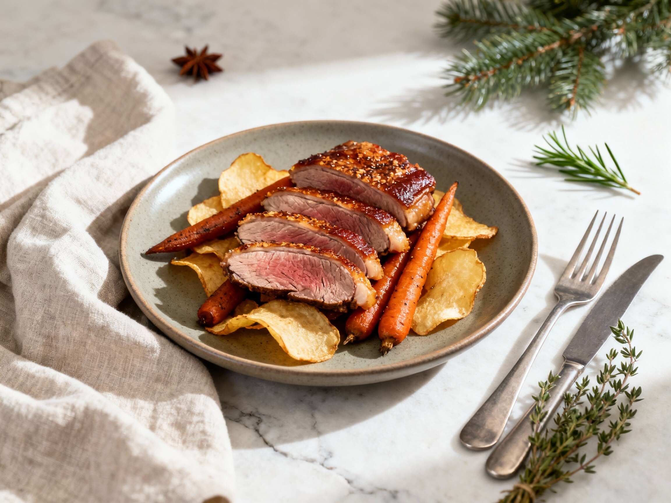 Weihnachtliche Ente mit Zimt-Karotten & Petersilienwurzelchips