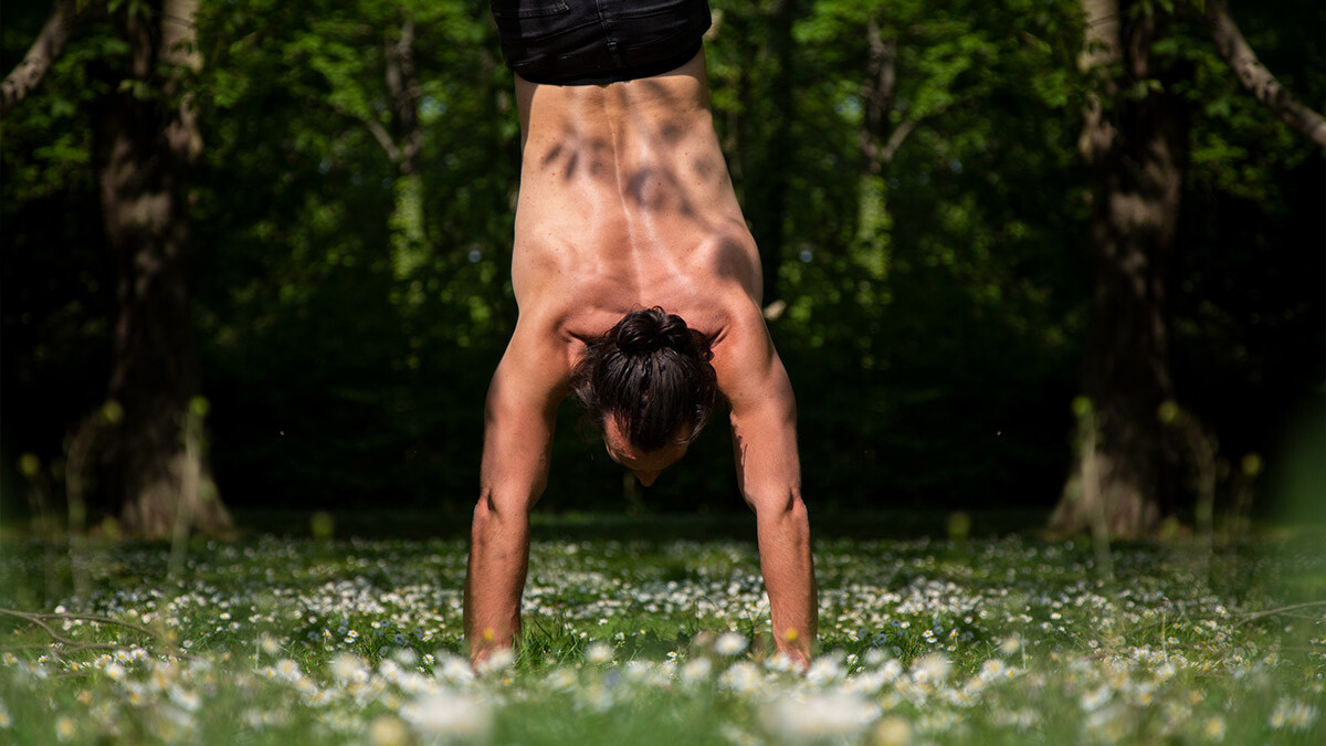 eisen und sport mann handstand wiese