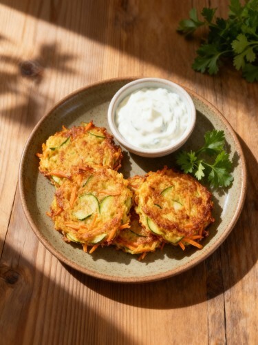 Goldbraune Möhren-Zucchini-Bratlinge auf einem Teller, serviert mit frischen Kräutern und Dip.