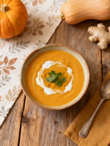 Eine Schüssel cremige Butternut-Kürbis-Suppe, garniert mit frischen Kräutern und einem Schuss Kokosmilch.