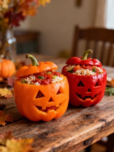 Gefüllte Paprikas im Halloween-Stil, geschnitzt wie kleine Kürbisse und mit Reis-Gemüse-Mischung gefüllt.